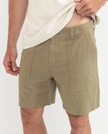 Worn Path Textured Linen Shorts- Olive