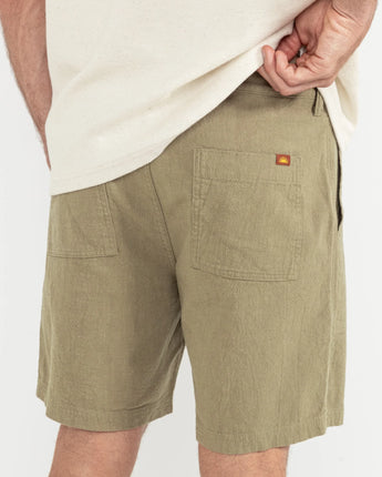 Worn Path Textured Linen Shorts- Olive