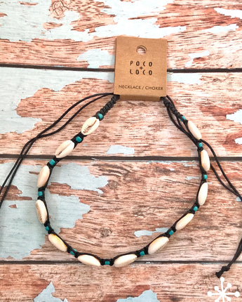 Cowrie Shell Necklace Black Cord Blue Beads