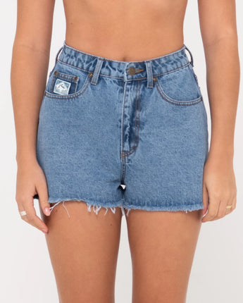 Penny Kick Flare Denim Shorts - Middy Blue