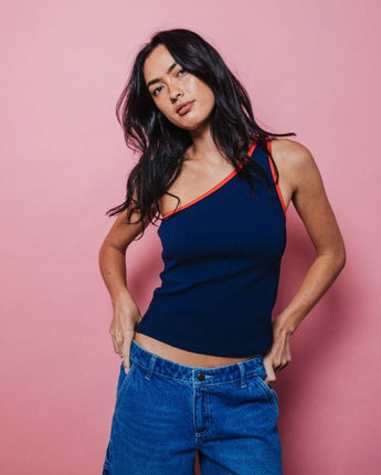 Zoe One Shoulder Tank - Navy