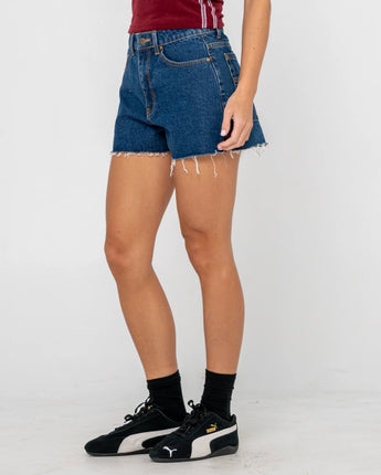 Penny Kick Flare Denim Shorts - Deep Sea Blue