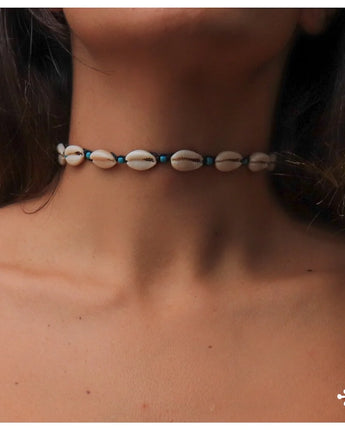 Cowrie Shell Necklace Black Cord Blue Beads
