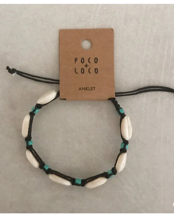 Cowrie Shell Anklet Black Cord Blue Beads
